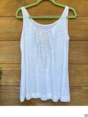 Eileen Fisher Size XL White Linen-Blend Tank with Front Embellishment